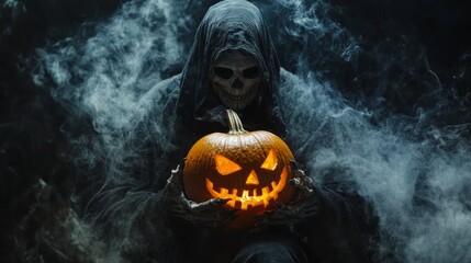 Grim reaper holding carved halloween pumpkin with smoke effect, scary jack-o'-lantern and haunting black cloak on dark background, spooky banner with copy space for halloween themes


