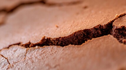 Close-up of cracked chocolate brownie surface, revealing moist interior