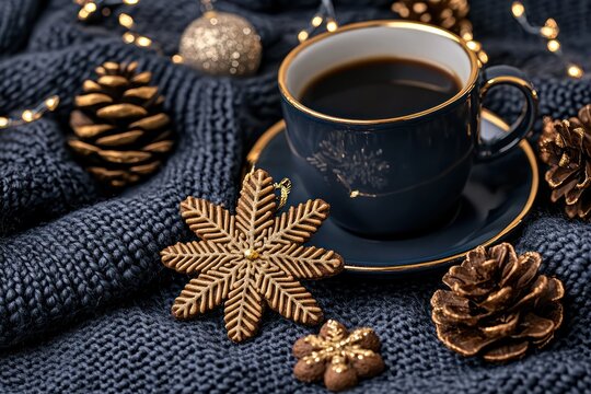 Warm Winter Delight: Gingerbread Snowflake Pendant, Coffee, and Christmas Lights on Soft Surface