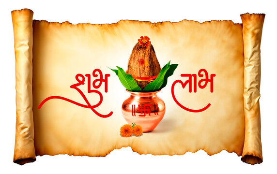Pooja Kalash with Shubh Labh Marathi / Hindi Calligraphy Indian Culture 