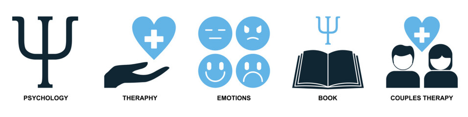 Psychology Therapy Icon Vector Set - Emotions, Couple Therapy, Mental Health Support, Psi Symbol, Healing Book, Flat Design Illustration for Wellness, Counseling, and Mental Care in Modern Style