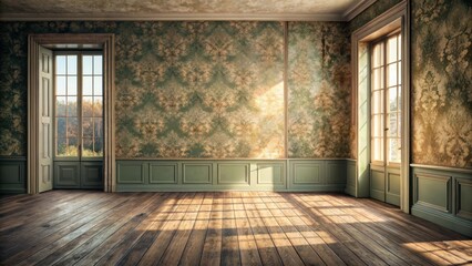 Fototapeta premium Sunlit Empty Room with Aged Walls and Wooden Floor, Offering a Sense of History and Tranquility