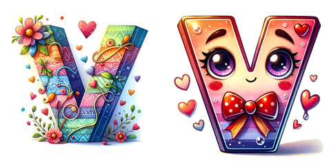 Happy Valentine's Day, Cute watercolor style clipart Valentine's Day letter V isolated on a white background. Holiday typography illustration