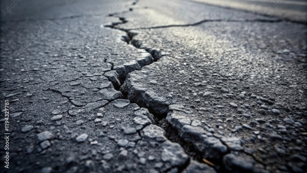 Aufkleber a deep crack in the asphalt surface reveals underlying aggregates