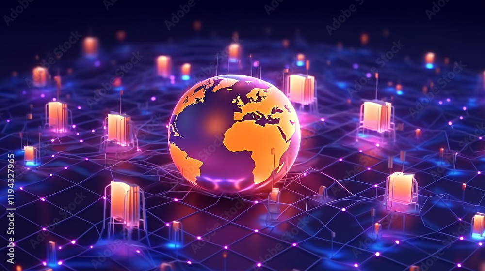 Wall mural digital world globe representing global network and connectivity on earth, featuring high-speed data