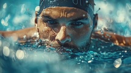 Fototapeta premium The Determined Swimmer: A Close-Up of a Man's Face Emerging from the Water During an Intense Swim