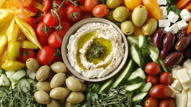A beautifully arranged Mediterranean diet platter, featuring olives, feta cheese