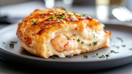Cheesy baked stuffed seafood dish garnished with fresh herbs