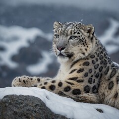 Fototapeta premium A snow leopard resting on a rocky outcrop, its eyes half-closed as it blends into the wintry scene.