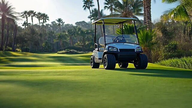 A golf cart on a lush green course surrounded by palm trees and sunlight.