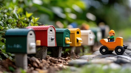 Toy figure driving small car down path with miniature mailboxes on side