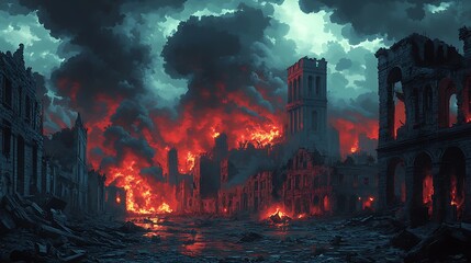 Fototapeta premium Destruction and chaos urban ruins digital art fiery environment dramatic view