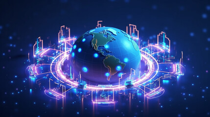 Fototapeta premium Abstract world map, concept of global network and connectivity, international data transfer and cyber technology, worldwide business Communication technology for internet business.