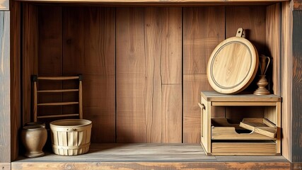 A weathered wooden crate filled with various household items like books, blankets, and succulents, adding a touch of rustic charm to a living room or bedroom, charm, rustic style