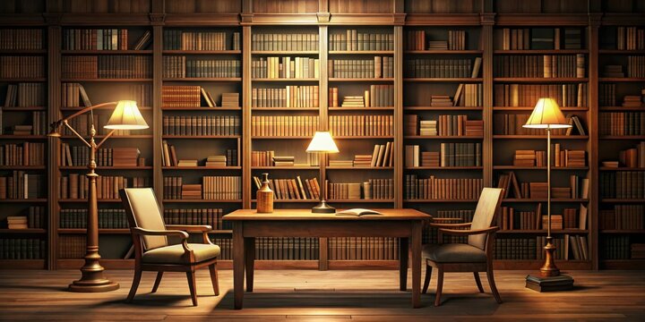 Cozy library scene with a desk, bookshelf, and reading lamp , office, illustration,  office, illustration, warm, clutter free, lamp, study