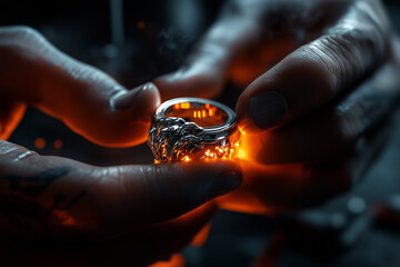 Jeweler crafting a precious ring with a gemstone close up background.