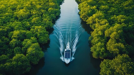 A solar-powered boat cruising along a calm river surrounded by dense mangroves