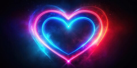 Neon heart with glowing red light surrounded by dark purple and blue colors