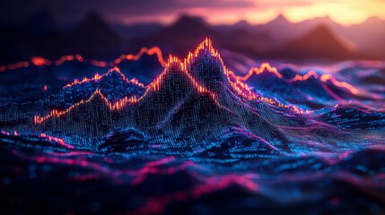 Data peak sunset landscape, digital mountain range, abstract visualization, technology background