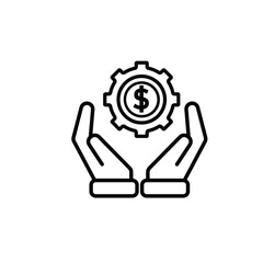 Coin icon. financial gear in hand. money management vector, business and finance icon. line design style. for financial education, web, management