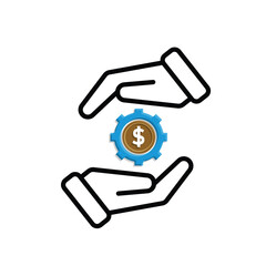 Coin icon. financial gear in hand. money management vector, business and finance icon. mixed design style. for financial education, web, management