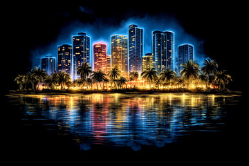 Obraz premium A city skyline with a body of water in the background. The water is reflecting the lights of the city, creating a vibrant and lively atmosphere