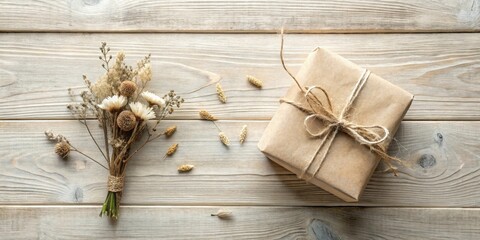 Rustic Dried Flower Bouquet and Simple Kraft Gift Presentation on Wooden Surface