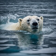 Naklejka premium A polar bear swimming in icy waters, breaking through the surface with its powerful paws.