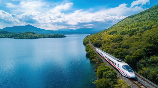 Schnellzug auf malerischer Strecke entlang eines blauen Sees