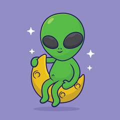 illustration cute cartoon alien sit down on moon
