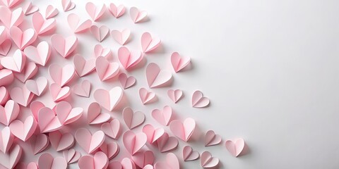Fototapeta premium Soft pink paper valentine's day hearts scattered on a white background, with subtle texture and gentle folds, exuding a sense of innocence and sweetness , pastel, sweet