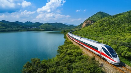 Hochgeschwindigkeitszug fährt entlang eines grünen Sees durch hügelige Landschaft – Moderne Zugreise in der Natur