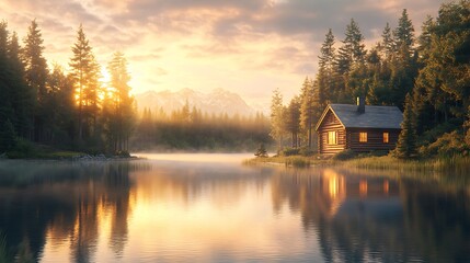 Fototapeta premium A picturesque log cabin resting by a peaceful forest lake, the cabin and surrounding pine trees reflected in the still water, golden light of sunrise creating a serene and enchanting scene,