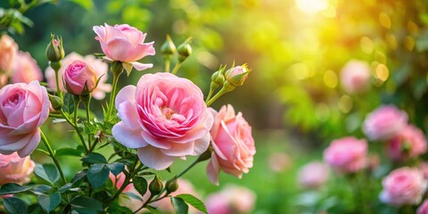 Exotic rose bush with delicate pink petals and greenery in a lush garden setting, floral arrangement, nature backdrop