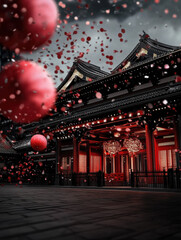 Fototapeta premium Festively decorated bridge with lanterns and flowers at twilight for Lunar New Year