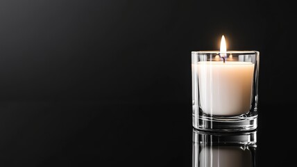 Lit white candle in glass holder on dark reflective surface, minimalist style