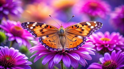 Naklejka premium Delicate butterfly perched on a vibrant purple flower, its wings a kaleidoscope of colors against the soft petals , butterfly