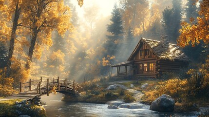 Fototapeta premium A quaint log cabin resting beside a gentle brook, with a wooden bridge leading to the forest beyond, soft rays of sunlight filtering through the trees, creating a serene and idyllic atmosphere,