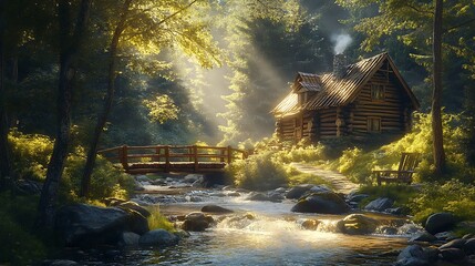 Fototapeta premium A quaint log cabin resting beside a gentle brook, with a wooden bridge leading to the forest beyond, soft rays of sunlight filtering through the trees, creating a serene and idyllic atmosphere,