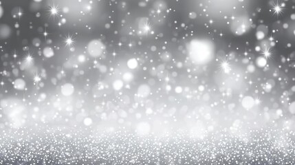 Obraz premium Winter background with the image of falling snow, stars and bokeh lights, white and gray colors, shiny glittery texture, blurred background