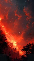 Infernal Landscape: Fiery Sunset over Silhouetted Forest