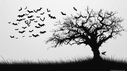 Spooky halloween background with flying bats, glowing pumpkins, and tree silhouettes under a full moon in a dark night sky


