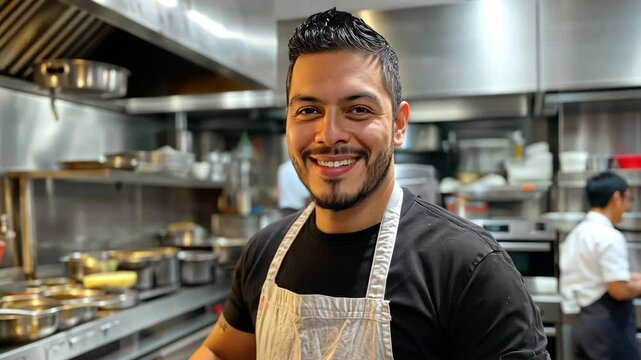 Undocumented immigrant Latino young man with a beard wearing an apron smiling and talking while working in a restaurant kitchen.