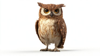 Fototapeta premium Brown owl with yellow eyes, standing on white background.