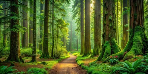 Obraz premium Serene Path Through a Lush, Moss-Covered Forest, Sunlight Dappling the Canopy Above