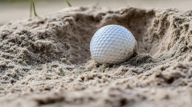 Golf ball lying in a sand bunker with nearby rake marks Outdoor recreation and sports equipment concept showcasing the game of golf course hazards and essential golfing gear and accessories - Powered by Adobe