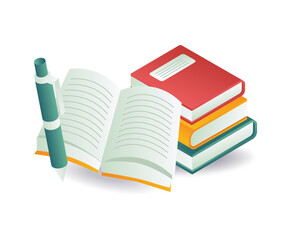 Pile of books of diligent students reading