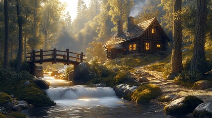 Fototapeta premium A rustic cabin by a flowing brook, a wooden bridge crossing over the water, surrounded by tall trees and moss-covered rocks, warm sunlight adding depth and warmth to the scene,