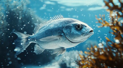 Fototapeta premium Underwater shot of a silvery fish swimming amidst seaweed and bubbles.