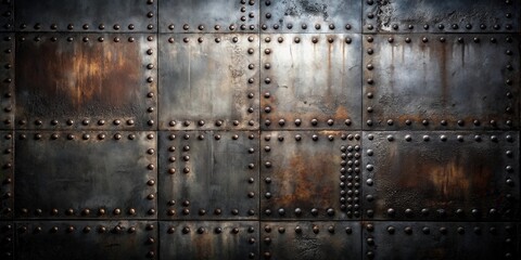 A Rustic Metal Panel Background Featuring Weathered Steel Plates and Industrial Rivets